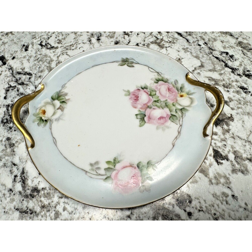 Antique RS Germany Rose Flowers Hand Painted 6.5 " Trinket Dish. Gold Trim